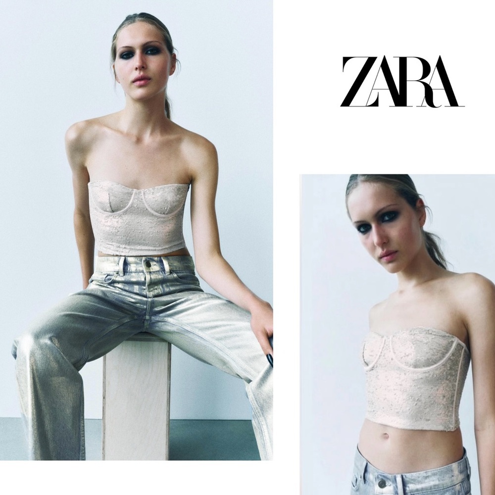 Zara cream champagne sequin corset bustier strapless crop top sparkly Sz S